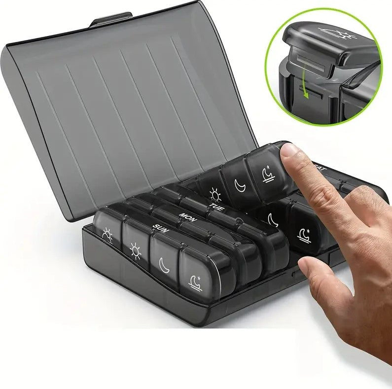 Organizator pentru medicamente, Zola®, pentru 7 zile, simboluri pentru fiecare moment al zilei, din plastic, gri, 15.5 x 12 x 4 cm Organizator pentru medicamente, Zola®, pentru 7 zile, simboluri pentru fiecare moment al zilei, din plastic, gri, 15.5 x 12 x 4 cm